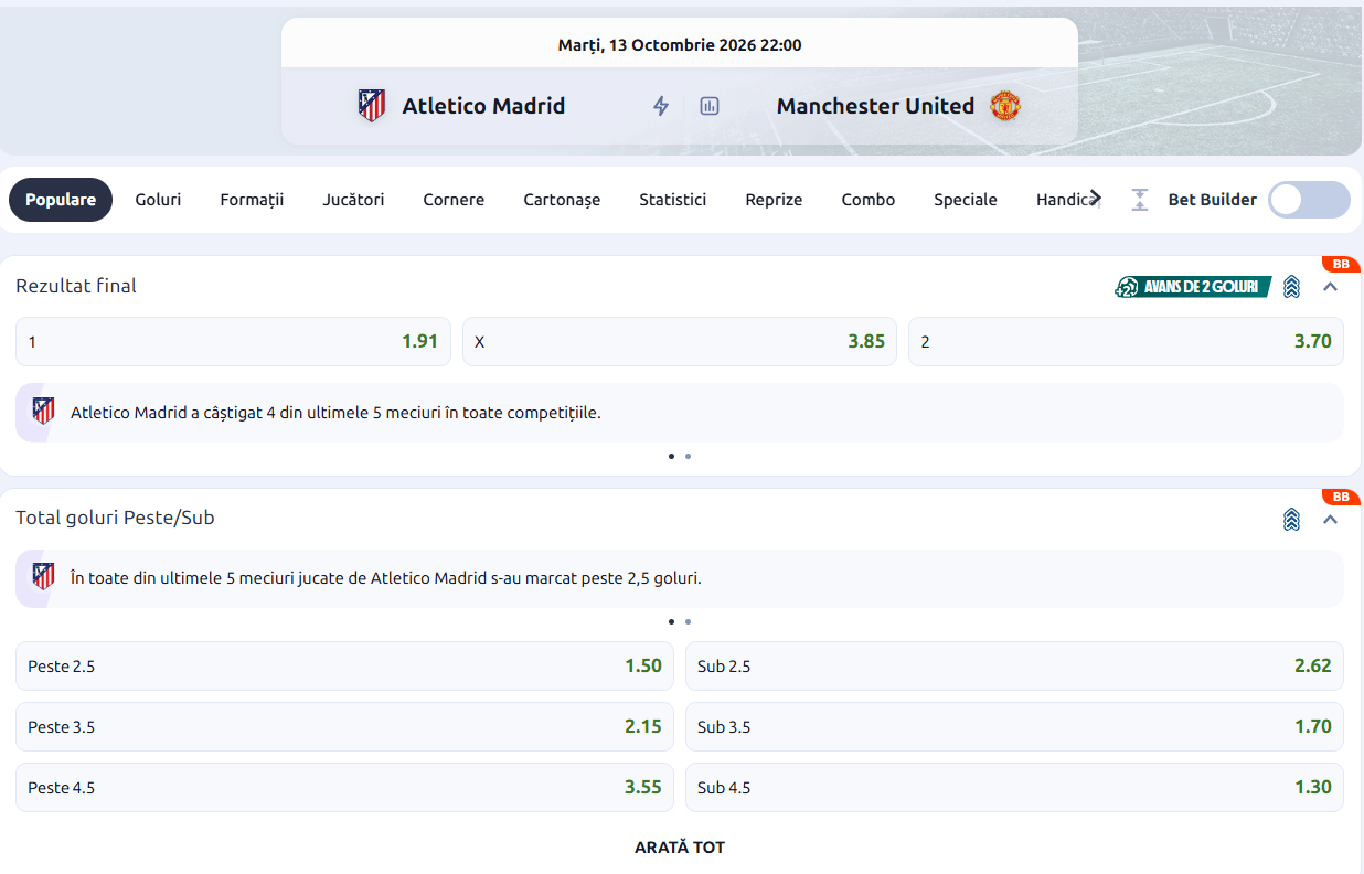 cote pariuri Atletico Madrid Manchester United