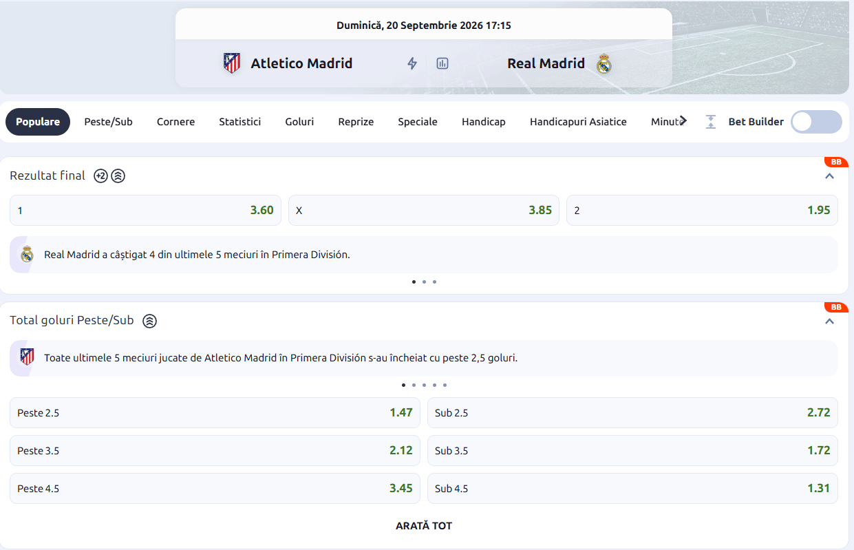 cote pariuri Atletico Madrid Real Madrid