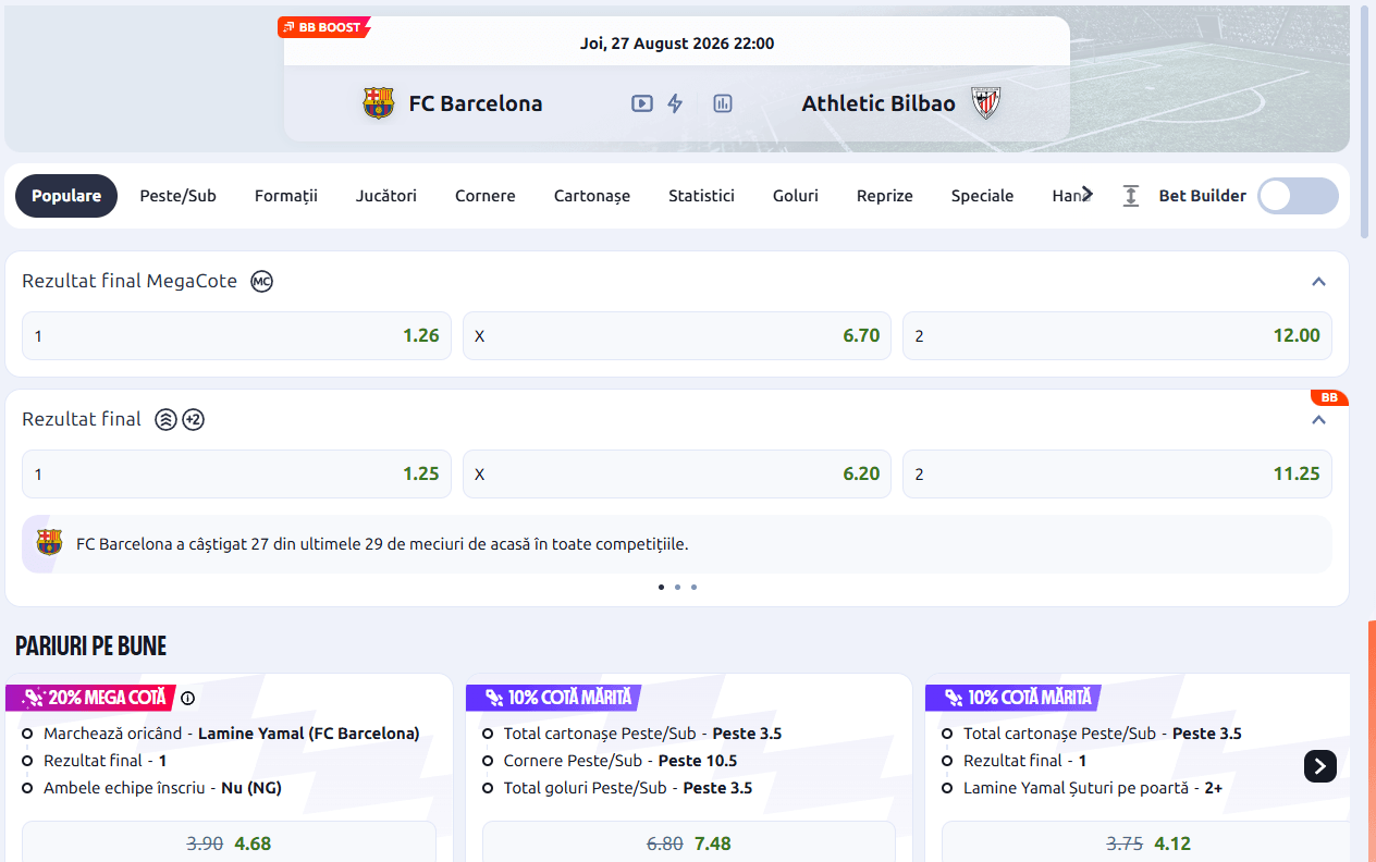 cote pariuri FC Barcelona Athletic Bilbao