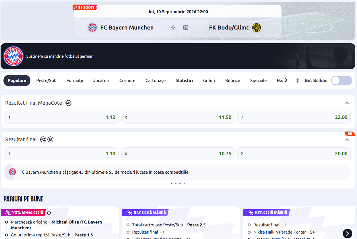 cote pariuri liga campionilor Bayern Munchen Bodo Glimt