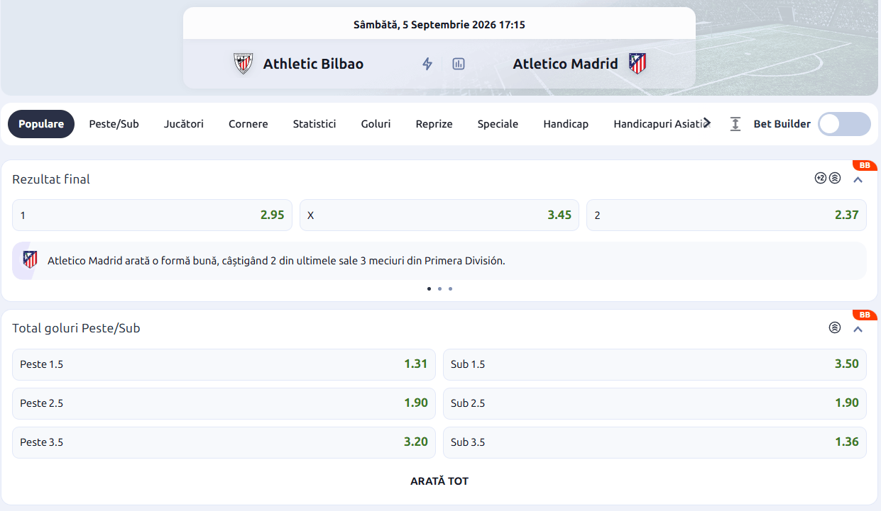 cote pariuri Athletic Bilbao Atletico Madrid