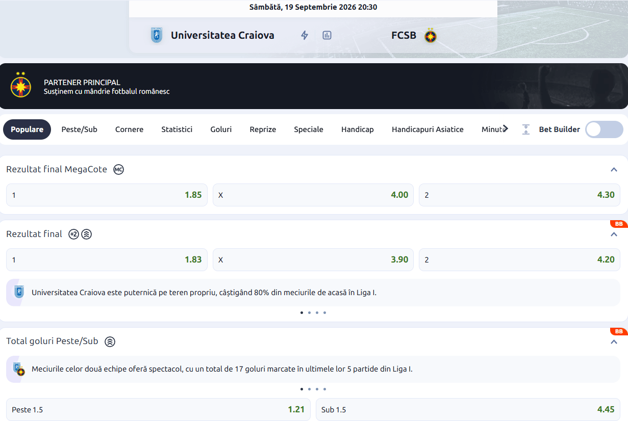 cote pariuri Universitatea Craiova FCSB