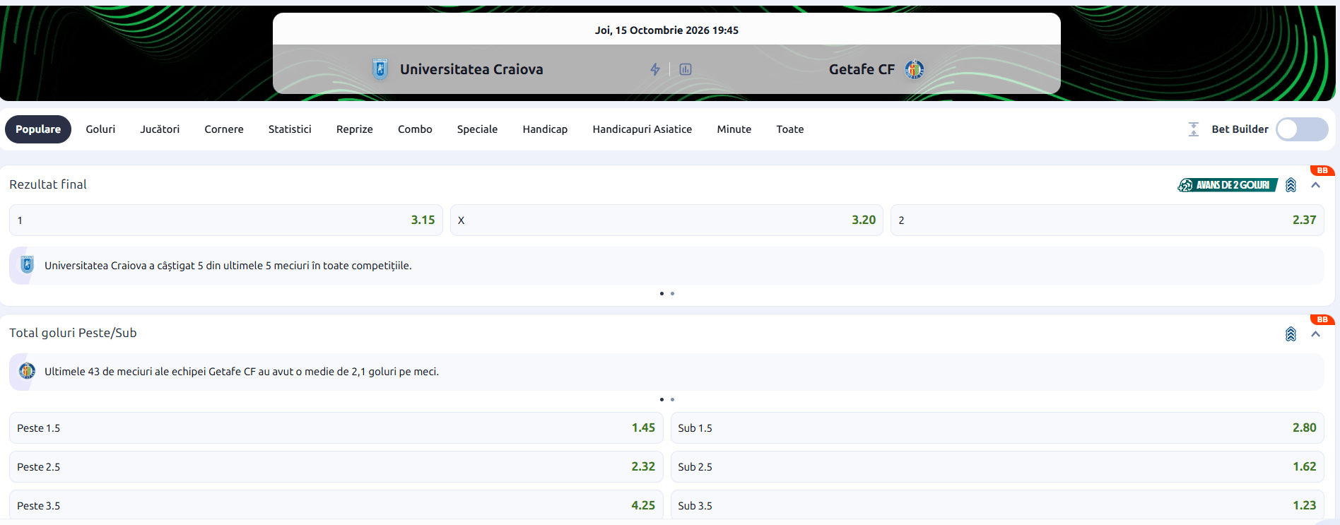 cote pariuri Universitatea Craiova Getafe