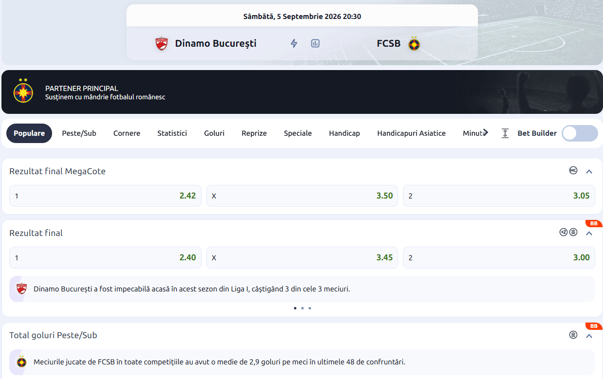 cote pariuri Dinamo Bucuresti FCSB