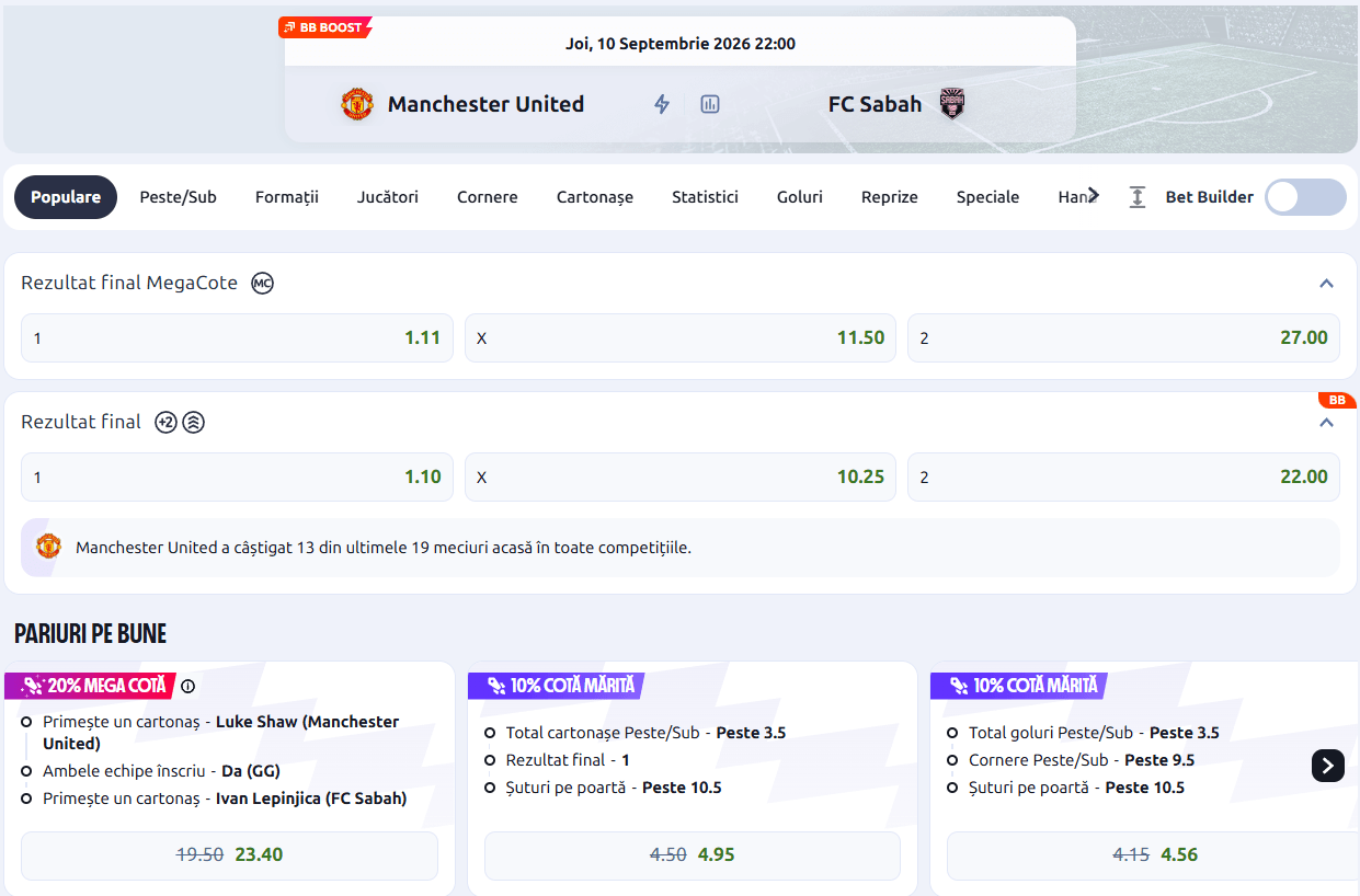 cote pariuri liga campionilor Manchester United Sabah