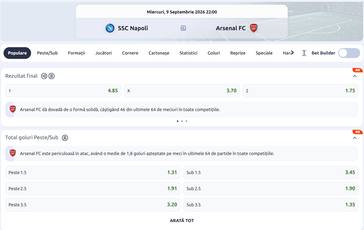 cote pariuri Napoli Arsenal Liga Campionilor