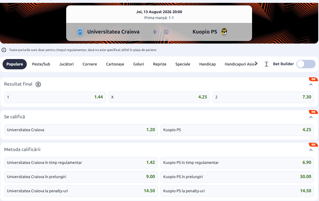 cote pariuri Universitatea Craiova KuPS Kuopio
