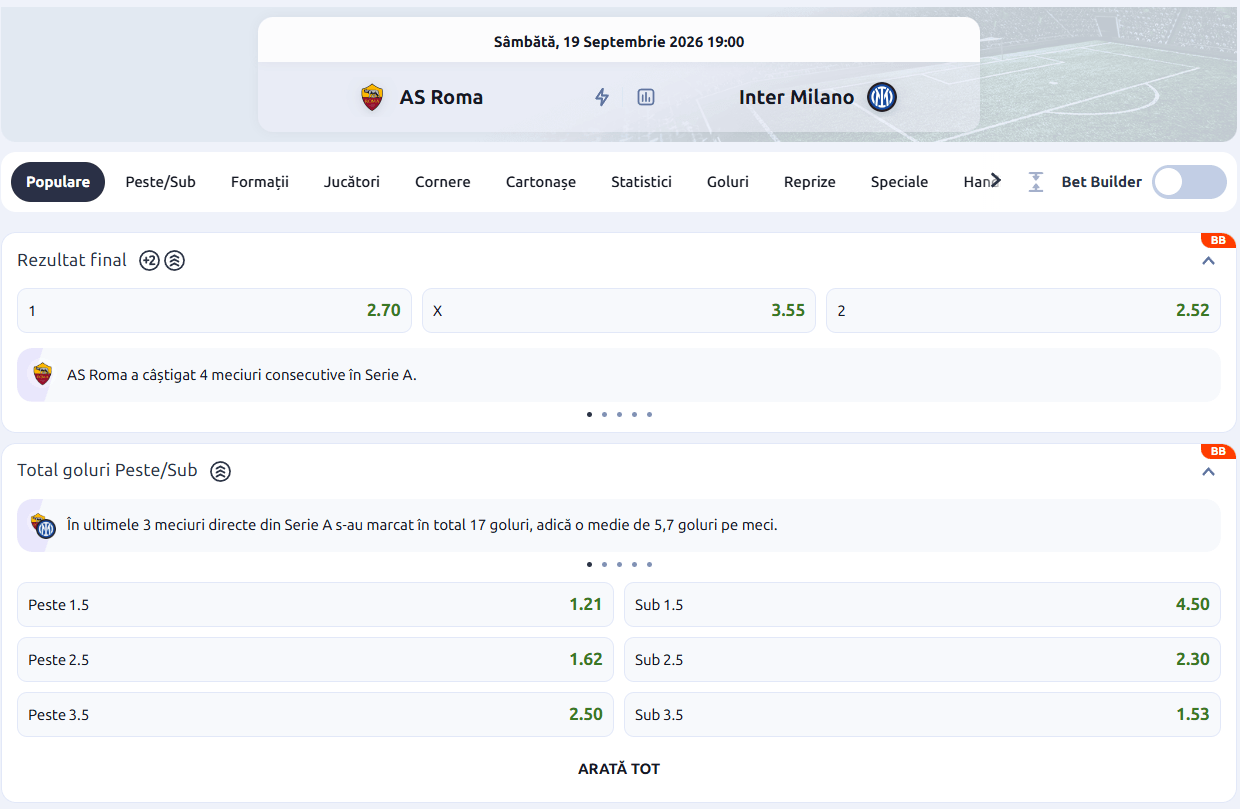 cote pariuri AS Roma Inter Milano