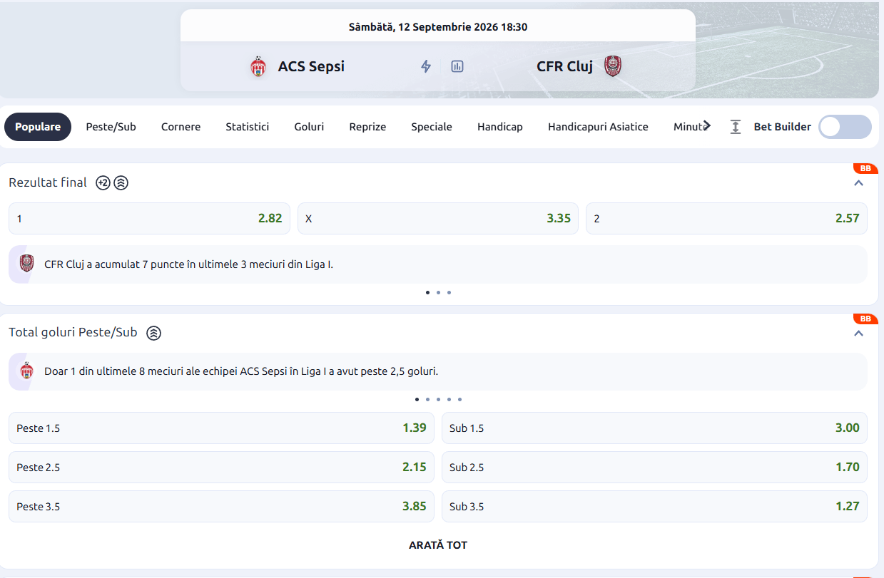 cote pariuri Sepsi CFR Cluj