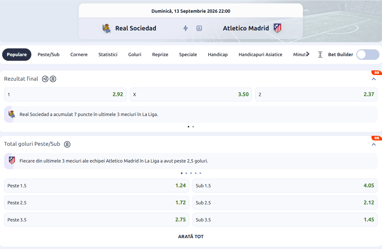 cote pariuri Real Sociedad Atletico Madrid