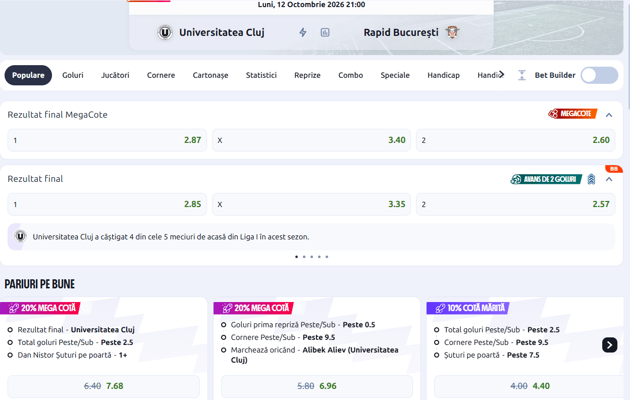 cote pariuri Universitatea Cluj Rapid Bucuresti