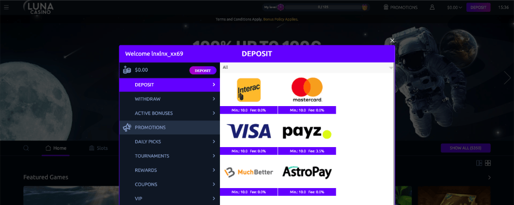 Luna Casino Depositing Money
