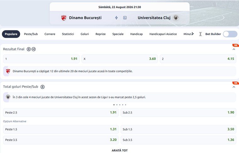 Cote Betano Dinamo Universitatea Cluj SuperLiga