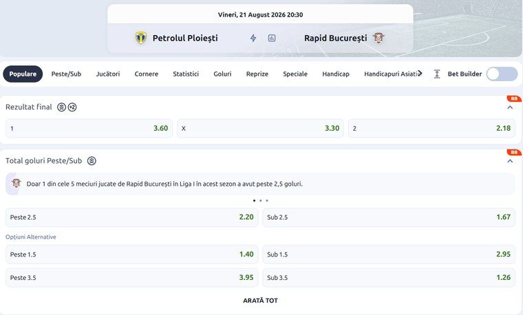 Cote Betano Petrolul Rapid SuperLiga