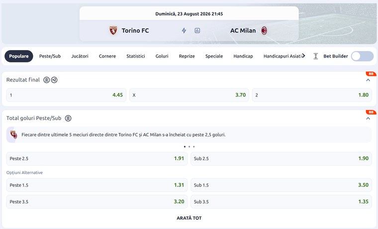 Cote Betano Torino AC Milan Serie A