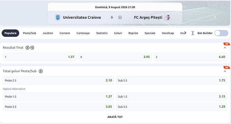cote pariuri Universitatea Craiova FC Arges