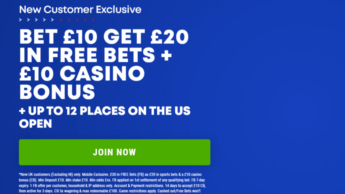 US Open Betting Offer: Bet £10 Get £20 + £10 Casino Bonus + Up to 12 Places available on the US Open US Open Betting Offer: Bet £10 Get £20 + £10 Casino Bonus + Up to 12 Places available on the US Open