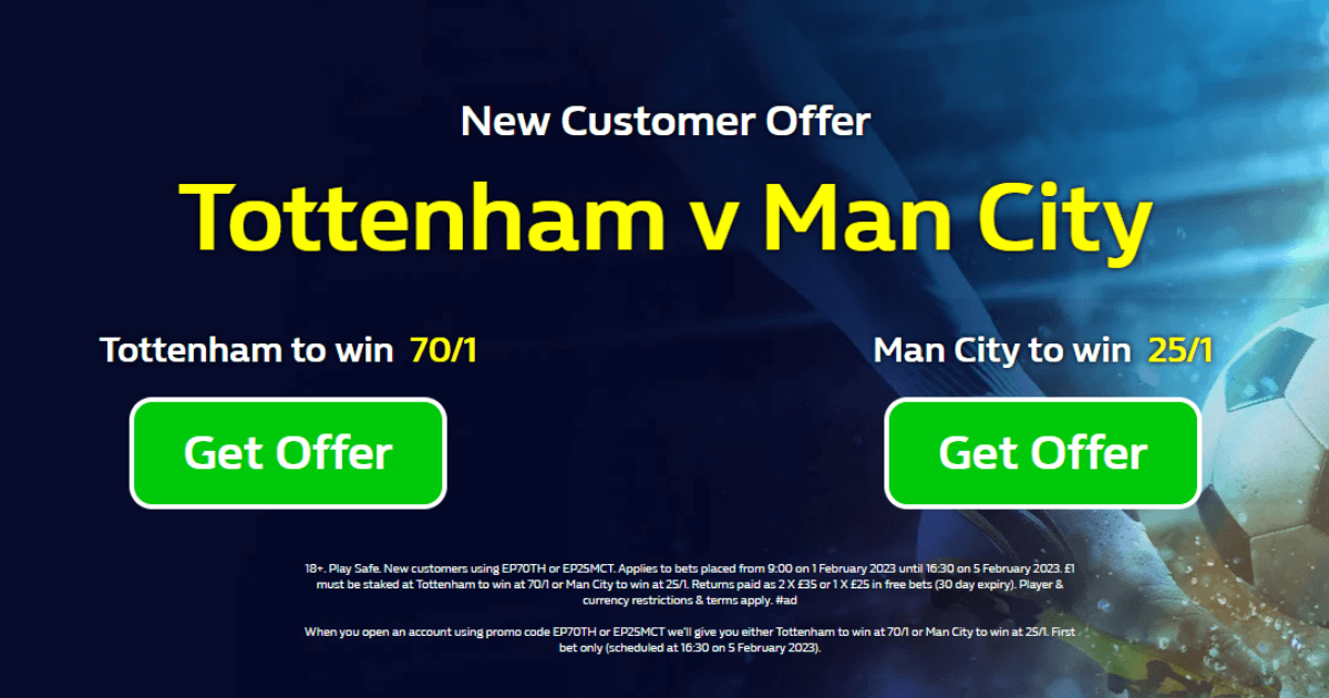 Tottenham vs Man City Odds: Back Tottenham at 70/1 or Manchester City at 25/1 with William Hill Tottenham vs Man City Odds: Back Tottenham at 70/1 or Manchester City at 25/1 with William Hill