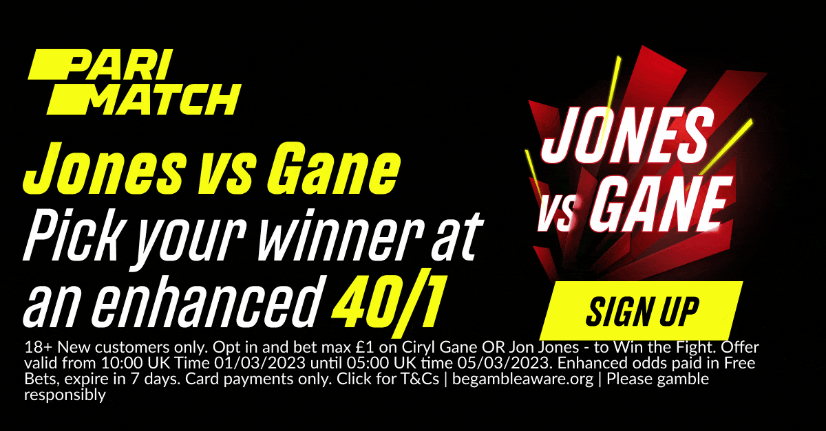 Jones vs Gane Betting Promo: Back Jon Jones or Ciryl Gane at 40/1 odds to win with Parimatch Jones vs Gane Betting Promo: Back Jon Jones or Ciryl Gane at 40/1 odds to win with Parimatch