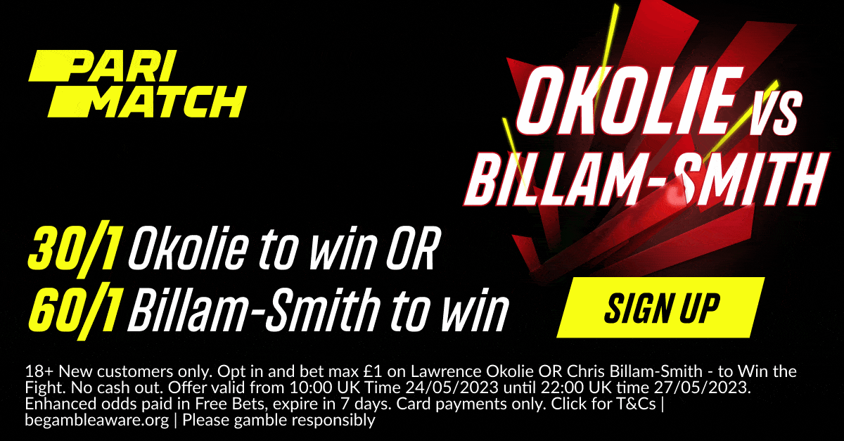 Okolie vs Billam-Smith Boxing Promo: Get 30/1 Odds on Okolie or 60/1 on Billam-Smith with Parimatch Okolie vs Billam-Smith Boxing Promo: Get 30/1 Odds on Okolie or 60/1 on Billam-Smith with Parimatch