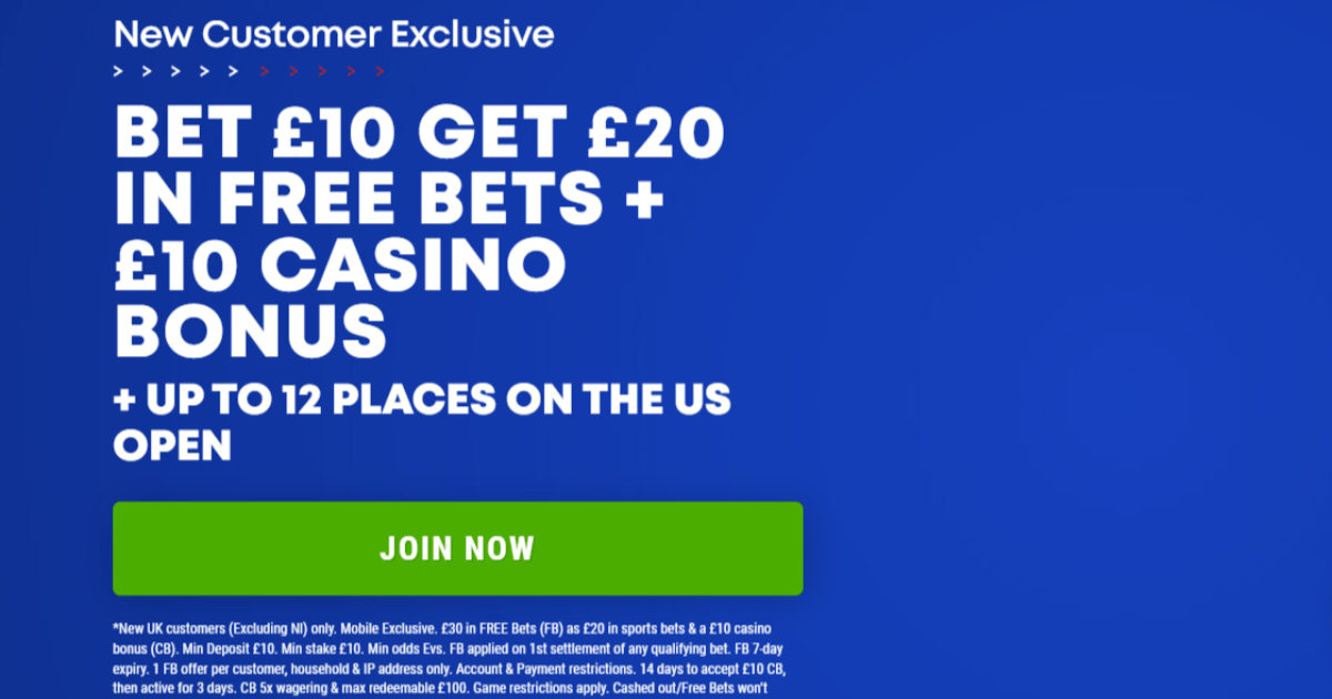 US Open Betting Offer: Bet £10 Get £20 + £10 Casino Bonus + Up to 12 Places available on the US Open US Open Betting Offer: Bet £10 Get £20 + £10 Casino Bonus + Up to 12 Places available on the US Open