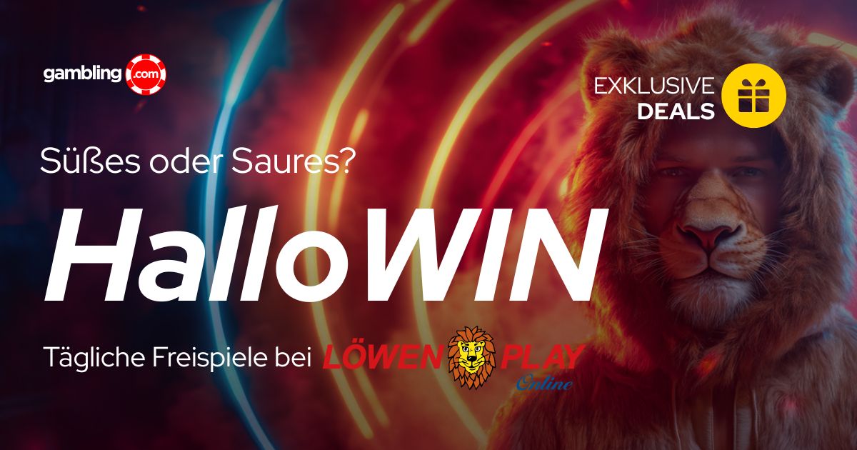 LöwenPlay HalloWIN Woche 2025: Süßes oder Saures mit täglichen Bonus-Überraschungen Ein Banner für die Löwen Play HalloWIN Casino Bonus-Aktion 2025 mit Halloween-Kürbissen und dem Logo
