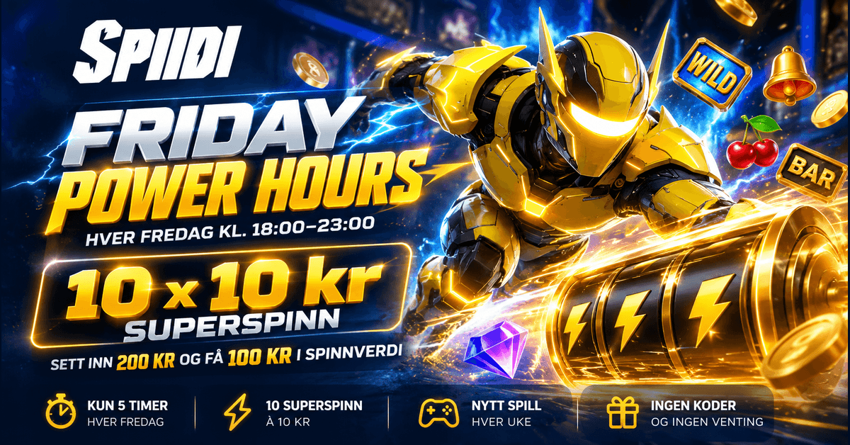 Spiidi Casino setter fart på fredagen med 100 kr i superspinn Spiidi Casino setter fart på fredagen med 100 kr i superspinn