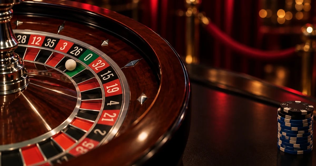 Roulette Odds and Strategy Mahogany European roulette wheel in a dimly lit casino