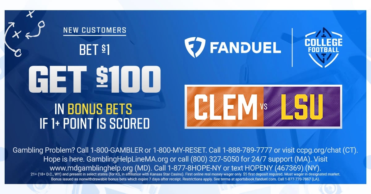 FanDuel College Football Promo: Bet $1, Get $100 in Bonus Bets for Clemson vs. LSU FanDuel College Football Promo: Bet $1, Get $100 in Bonus Bets for Clemson vs. LSU