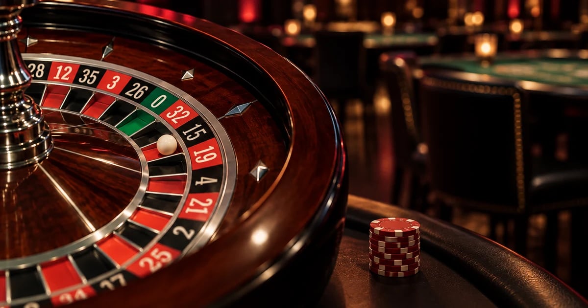 Roulette Odds and Strategy Mahogany European roulette wheel in a dimly lit casino