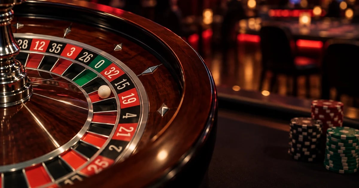 Roulette Odds and Strategy Mahogany European roulette wheel in a dimly lit casino