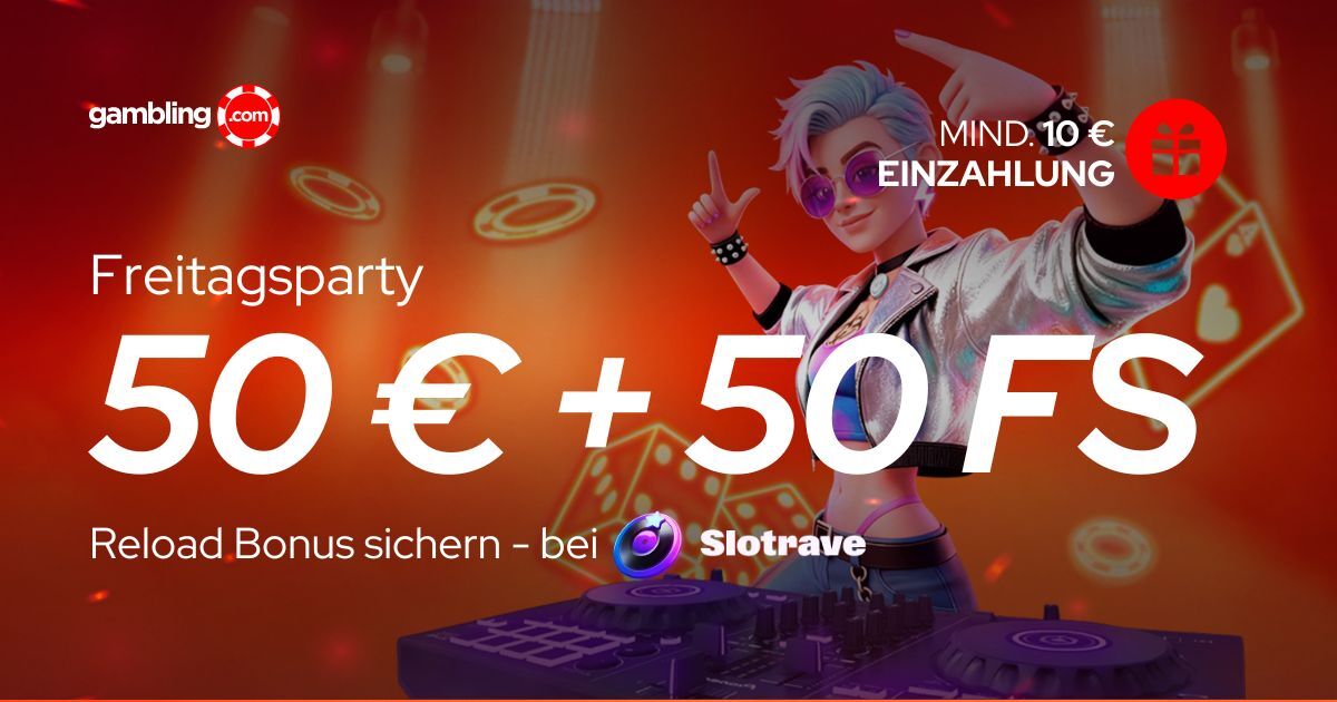 SlotRave Freitagsparty: 50 % Bonus bis 50 € + 50 Freispiele