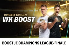 Two football players in BetMGM jerseys posing back to back for Champions League Final betting boost promotion