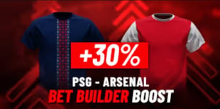 PSG vs Arsenal Bet Builder Boost promotion with 30% bonus featuring both team jerseys