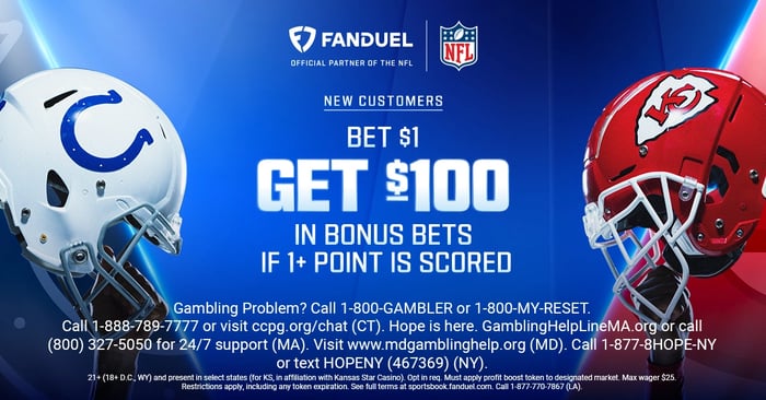 FanDuel Promo Code: Bet $1, Get $100 in Bonus Bets for Colts vs. Chiefs on Sunday Night Football