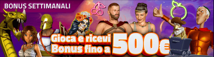 Italian online casino weekly bonus promotion banner featuring animated game characters and 500 euro bonus offer