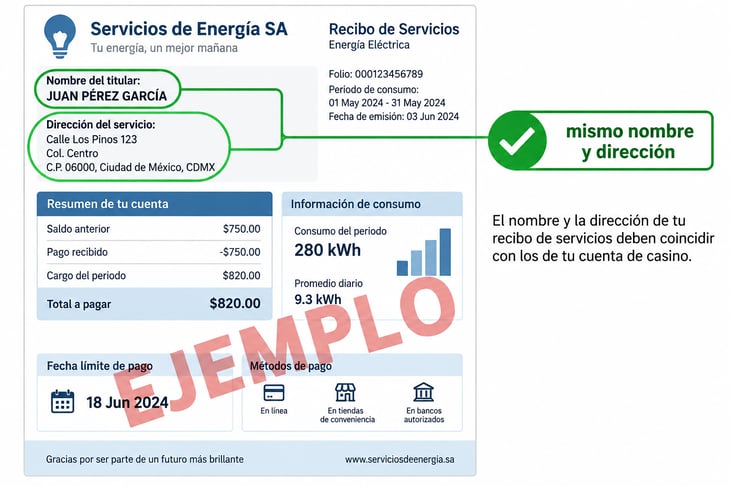 Ejemplo ilustrativo de recibo de servicios con nombre y dirección resaltados