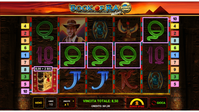Screenshot della slot Book of Ra Deluxe Bonus Spins, esclusiva StarVegas