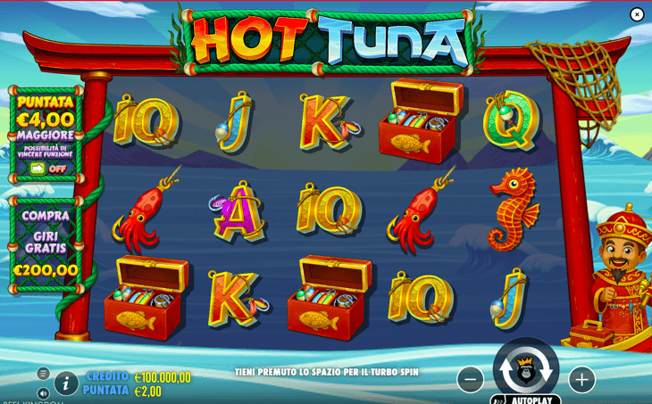 Hot Tuna slot machine game with fishing-themed symbols including treasure chests, squid, and playing card letters on a 5x3 reel grid