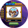 Dia de los Muertos themed slot machine game featuring a colorful sugar skull on a circular display with game score indicator