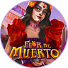 Flor de Muerto slot game logo featuring a Day of the Dead woman with colorful floral decorations
